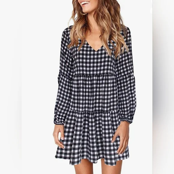 Women's V Neck Long Sleeve Plaid Printed Tunic Dress Small - Picture 6 of 10